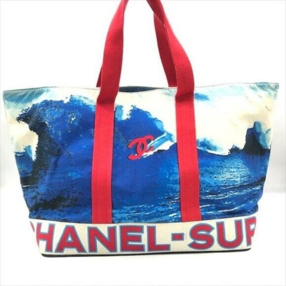 Authentic CHANEL Surf Line Tote Bag XL High Summer Large Canvas Shoulder Bag